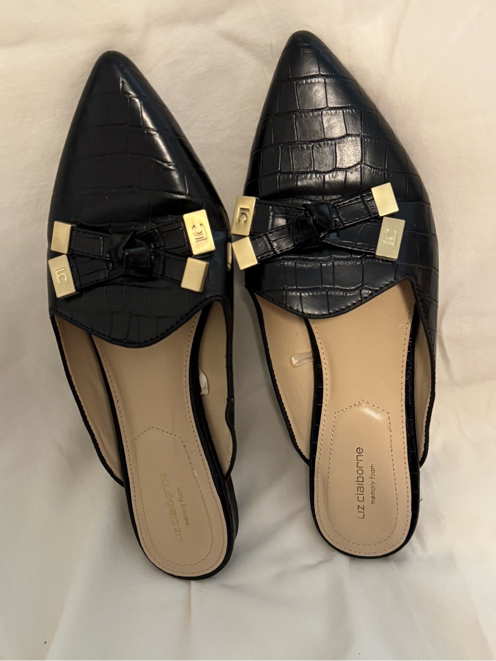 Liz Claiborne Black Croc-Embossed Pointed Toe Slip-On Mules with Gold Accents